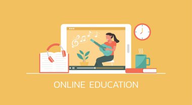 E-öğrenme ve çevrimiçi eğitim kavramı, uzaktan öğrenme, dijital tablet üzerinde video web sitesi platformu üzerinden gitar çalan kadın, düz illüstrasyon