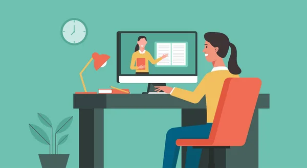 网上教育和远程学习概念 妇女在家庭视频会议上向女教师使用计算机 平面插图 — 图库矢量图片