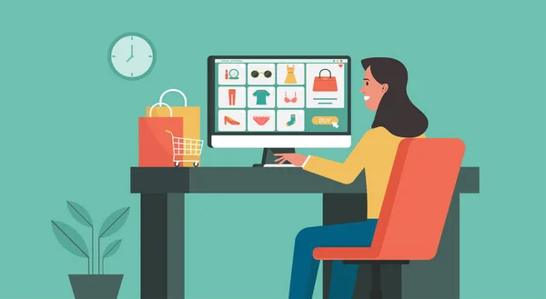Számítógép Segítségével Online Vásárlás Otthon Csatlakozik Nők Divat Termékek Shop — Stock Vector