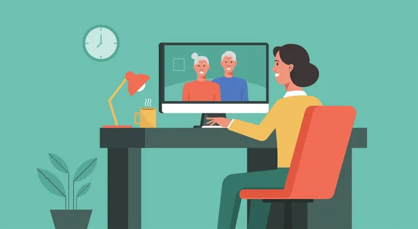 İletişim ve ilişkiler konsepti, evde bilgisayar kullanan kadın ve ailesine video çağrısı, düz çizim