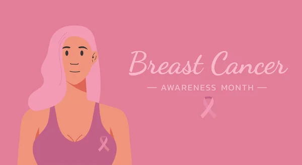 Borstkanker Bewustzijn Voor Ondersteuning Gezondheidszorg Concept Mooie Roze Haar Vrouw — Stockvector