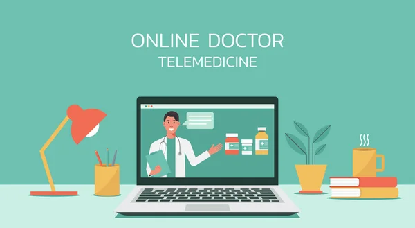 Concepto Telemedicina Médico Virtual Describe Sobre Los Beneficios Los Medicamentos — Vector de stock