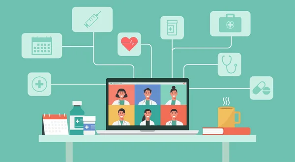 Çevrimiçi sağlık hizmetleri ve tıbbi danışma hizmetleri konsepti, bir grup doktorun laptop ekranı ve tıp ikonları üzerinde video konferansı, düz illüstrasyon