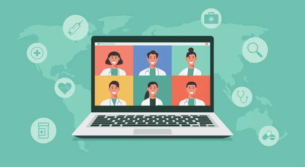 Online Gezondheidszorg Medisch Advies Hele Wereld Concept Groep Artsen Videoconferentie — Stockvector