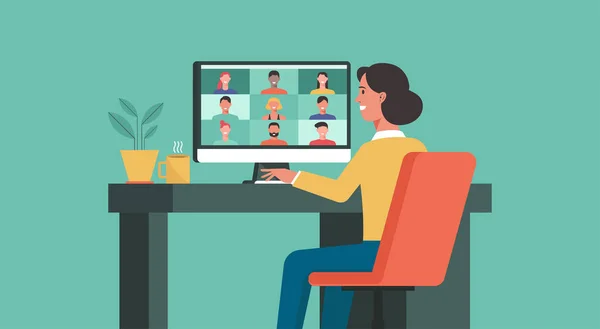 Kadın bilgisayarla insanlarla bağlantı kuruyor, telekonferansla öğreniyor ya da buluşuyor, video konferans uzaktan kumandalı çalışıyor, evden çalışıyor ve her yerden çalışıyor, konsept düz.
