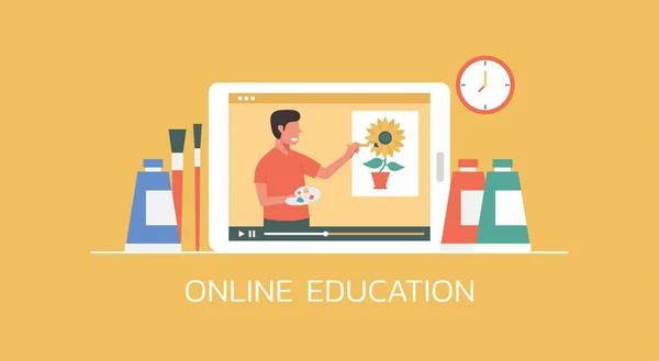 E-öğrenme ve çevrimiçi eğitim kavramı, uzaktan öğrenme, dijital tablet üzerine video web sitesi platformu üzerinden resim yapan adam, düz çizim