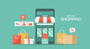 Mobil uygulama konseptinde online alışveriş, akıllı telefon görüşü alışveriş çantası, hediye kutusu ve ikon, web ve afiş, düz illüstrasyon