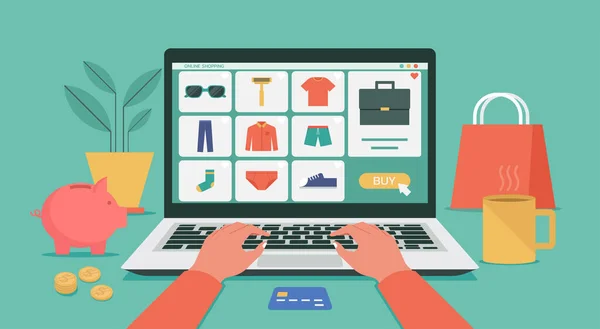 Çevrimiçi alışveriş için dizüstü bilgisayar kullanan insan eli, ikon ve ürün konsepti olan e-dükkanlarda moda ürünleri yapan erkekler, düz grafik çizimleri