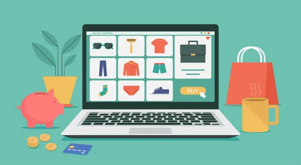 çevrimiçi alışveriş veya dizüstü bilgisayar konsepti üzerine dijital mağaza, erkekler ikonlu ve mallı e-mağazada moda ürünleri, düz grafik illüstrasyonu