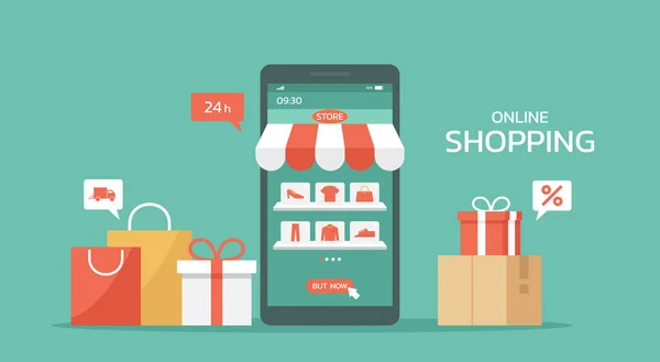 Mobil uygulama, dijital mağaza ve e-ticaret üzerinde çevrimiçi alışveriş kavramı, akıllı telefon ekranı, web ve afiş, düz illüstrasyon