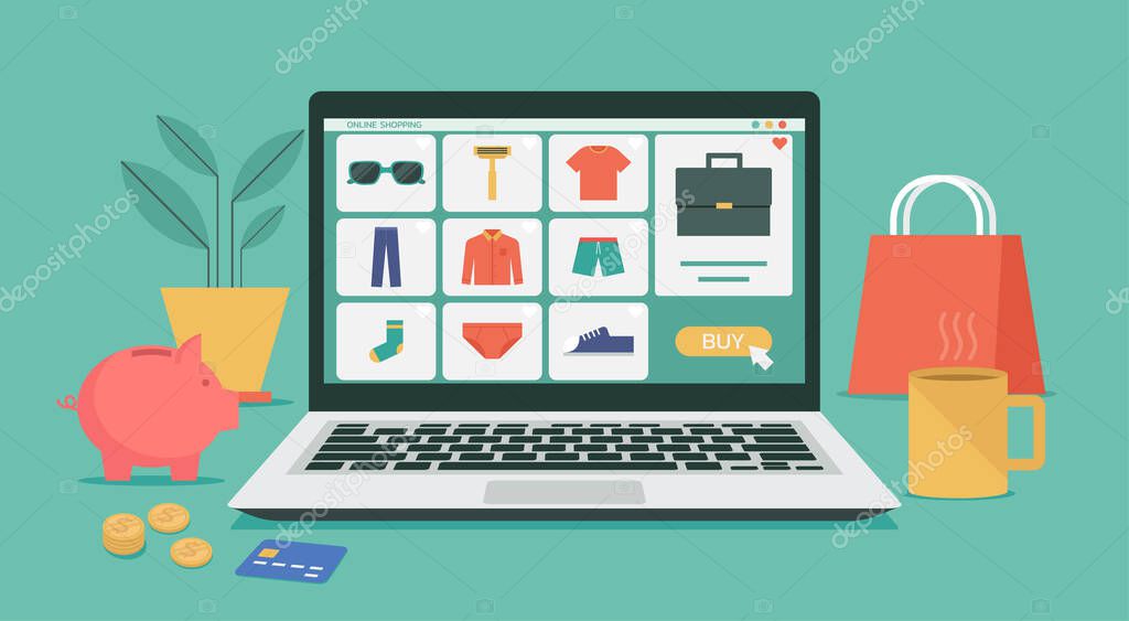 online shopping or digital store on laptop computer concept, men fashion products on e-shop with icons and goods, flat graphic illustration