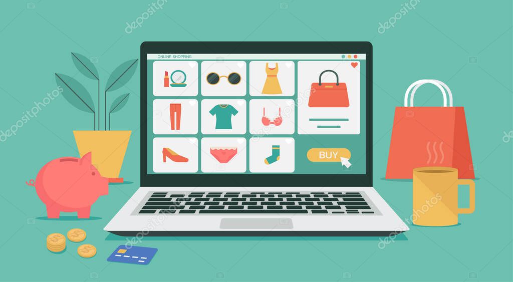 online shopping or digital store on laptop computer concept, women fashion products on e-shop with icons and goods, flat graphic illustration