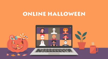 Online Halloween party concept, group of people in horror costumes meeting together via video conference or video call on laptop screen at home with pumpkin and sweet candy, flat illustration clipart