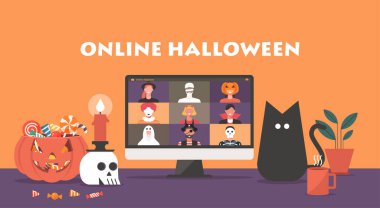 Online Halloween party concept, people in horror costumes on computer screen have video conference to celebrate festival, friends meeting or connecting together on video call, flat illustration clipart