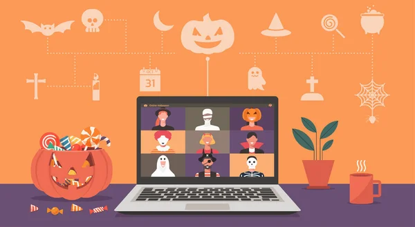 Conceito Festa Halloween Line Tela Computador Portátil Pessoas Trajes Terror — Vetor de Stock
