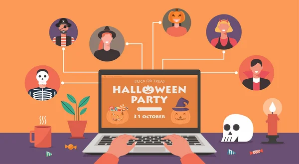 Conceito Festa Halloween Line Tela Laptop Pessoas Trajes Terror Conectando — Vetor de Stock