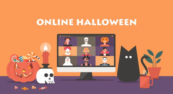 Concepto Fiesta Halloween Línea Las Personas Con Disfraces Terror Pantalla — Vector de stock