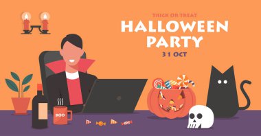 Man in Dracula costumes connecting together online on laptop to celebrate Halloween festival at home with pumpkin, candy, cat, and skull, banner flat illustration clipart