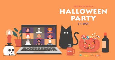 Online Halloween party concept banner, people in horror costumes on laptop screen have video conference to celebrate festival, friends meeting together on video call, flat illustration clipart