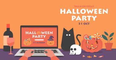 Online Halloween party concept banner, human hand using laptop to celebrate festival at home and decorate with skull, candle, pumpkin, and candy, flat illustration clipart