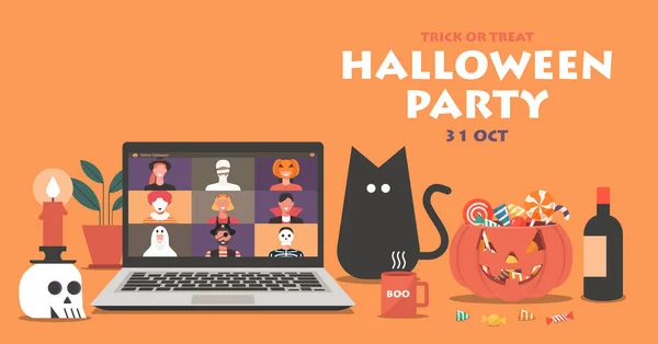 Online Halloween Party Concept Banner Mensen Horror Kostuums Laptop Scherm — Stockvector