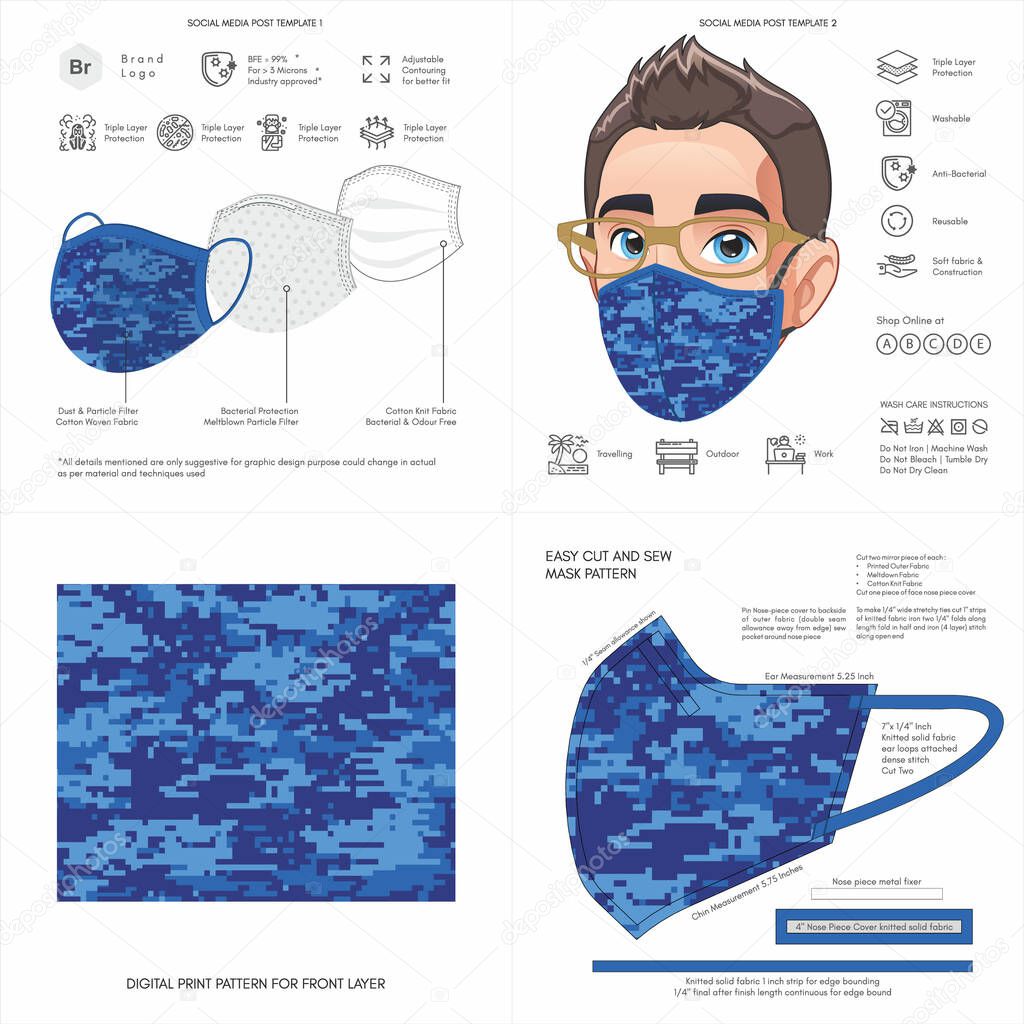 Face Mask Background Design, Pixel Camouflage Print, Military Pattern, Fabric, Protective Face Mask  Mockup Template, Seamless Print Vector, Abstract