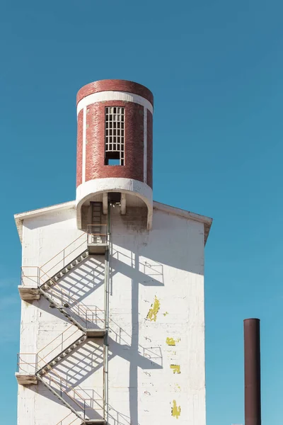 Tower Stairs Ascend Cylindrical Addition Painted Orange Next Fireplace — Stock Photo, Image