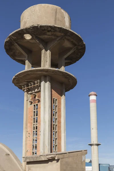 View Abandoned Warehouse Raised Turret Background Large Industrial Chimney Sagunto — Stock Photo, Image