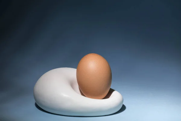 Raw Egg White Ceramic Bowl Blue Background — Stock Photo, Image