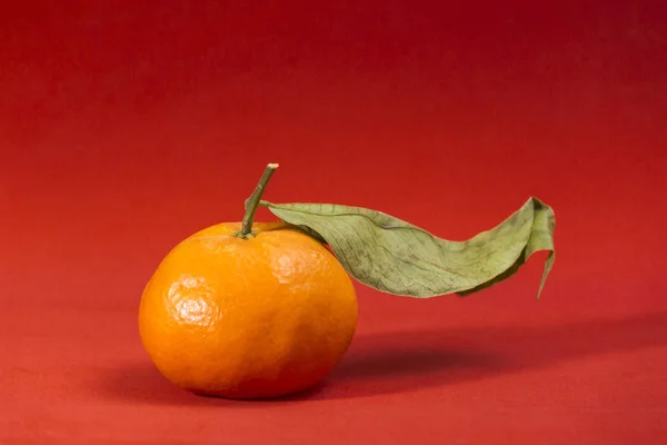 Mandarine Mit Blattaufstrich Auf Rotem Hintergrund Farbenfroher Fusion — Stockfoto