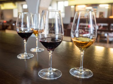 Gözlüklü kırmızı ve beyaz şarap şarabı. Porto Portekiz 'in liman mahzenlerinde şarap ve şarap tatma