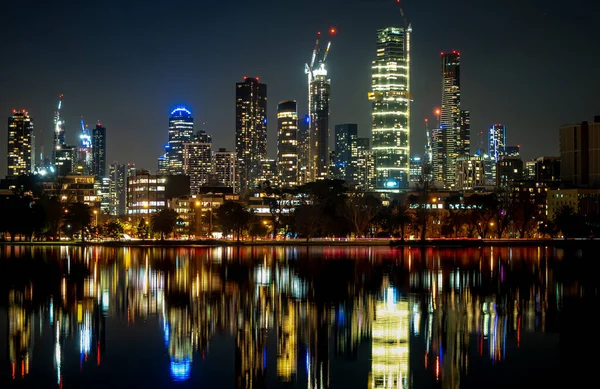long exposure photography with reflections in still water. The reflections of the melbourne city skyline at dusk in the still water of albert park lake