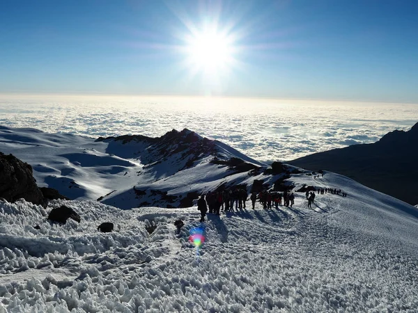 Mount Kili Meru Tanzanian Serengiti Dawn Breaks Clouds Hikers Make — Stock Photo, Image