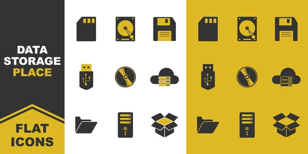 Sammlung Von Datenspeicherplatz Flache Symbole Mikrokarte Festplatte Diskette Flash Disk — Stockvektor
