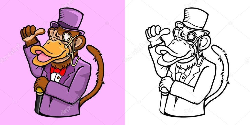 Coloring book cartoon illustration monkey with duck mouth mask