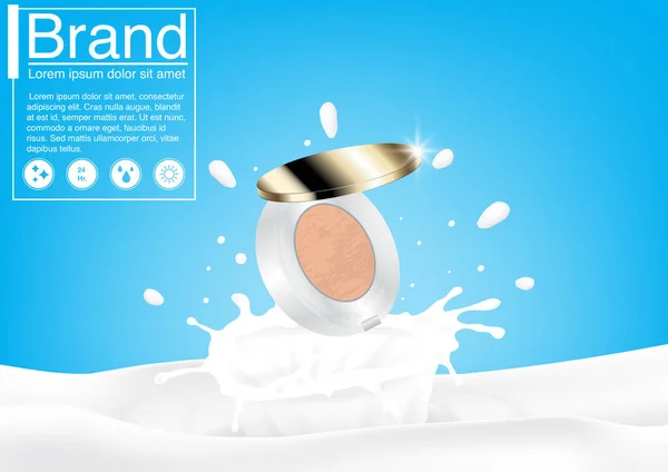 Powder Puff Milk Splash Cosmetic Concept Luxury Skincare Mockup Design — Stock Vector
