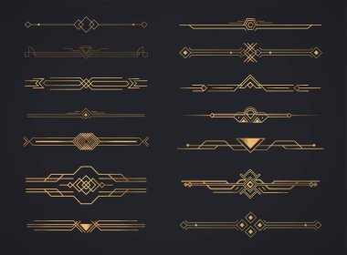 Art deco altın başlıklar. Art deco kaligrafik sayfa dekorasyon vignettleri. Vektör tasarımı altın sanat deco sınır şablonu.