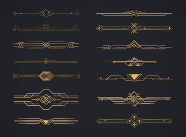Art deco altın başlıklar. Art deco kaligrafik sayfa dekorasyon vignettleri. Vektör tasarımı altın sanat deco sınır şablonu