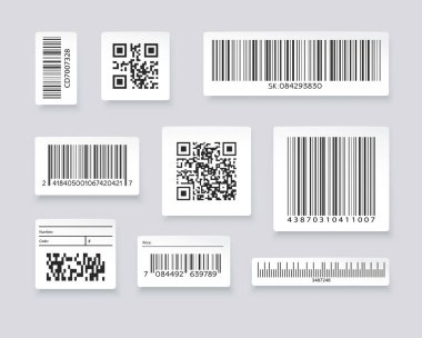 QR kodları ve barkod etiketleri. Süpermarket tarama kodları, endüstriyel barkod etiketleri. Tarama için barkod etiketi, barkod etiketi, vektör illüstrasyonu
