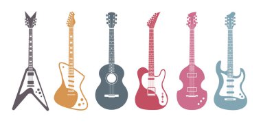 Düz gitarlar. Akustik gitar, beyaz arka planda elektro gitar. İzole edilmiş stil sanatı. Vektör seti