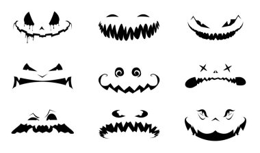 Cadılar Bayramı yüz ikonu seti. Balkabağı siyah silueti. Tek renkli düz dizayn sembolü koleksiyonu. Vektör