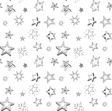 El çizimi yıldızlar kusursuz desen çizer. Beyaz arkaplanda izole edilmiş dekorasyon için yıldızlı arkaplan