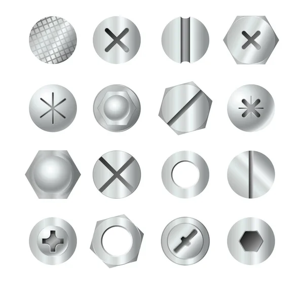 Metal Bolt Heads Set Different Screw Heads Types Isolated White — Stock Vector