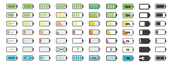 Symbole Für Die Batterieladung Indikator Für Das Aufladen Leerer Batterien — Stockvektor