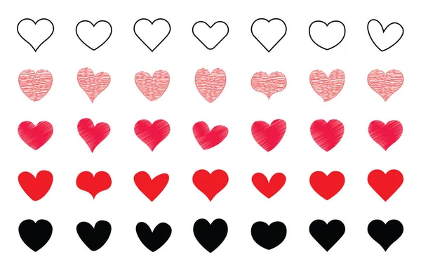 Forma Corazón Iconos Corazones Amorosos Encantadores Símbolos Contorno Romance — Vector de stock
