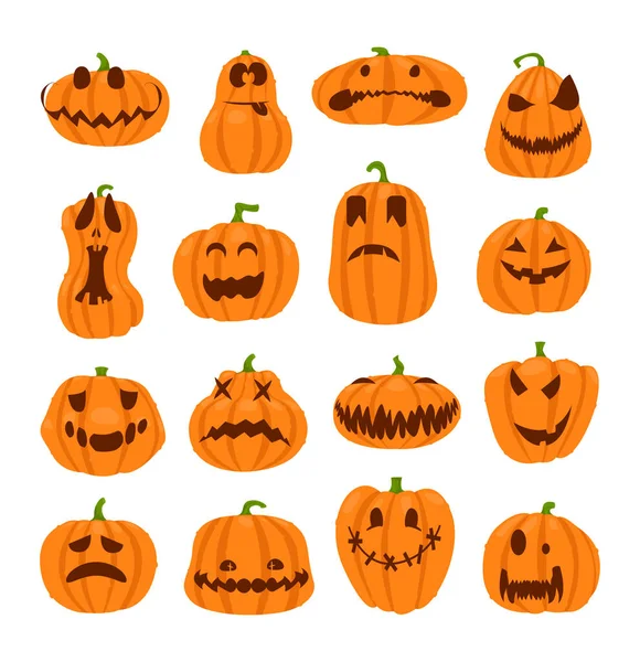 Conjunto Rostos Abóboras Halloween Símbolo Principal Feriado Halloween Feliz Abóbora — Vetor de Stock