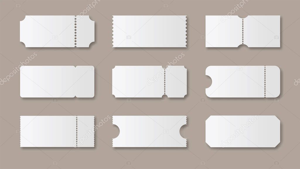 Blank ticket template set. White clear ticket for festival concert and cinema vector invitation card