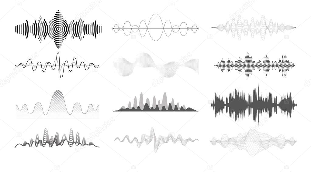 Sound waves set. Audio equalizer technology, volume level symbol, pulse musical, voice line waveform, electronic radio signal, seismic waves