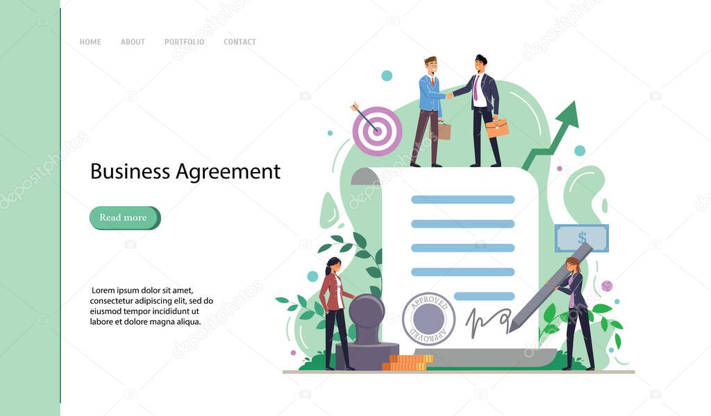 Business agreement. People standing on a signed contract. Vector