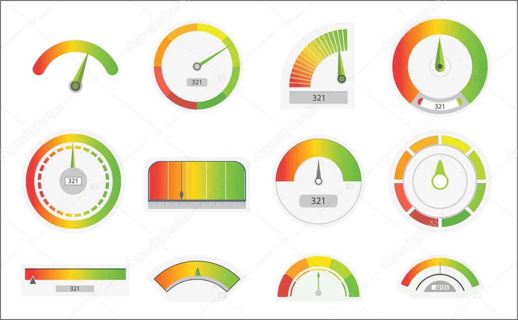 Business credit score speedometers. Credit score indicators with color levels from poor to good. Level indicator, credit loan scoring manometers set